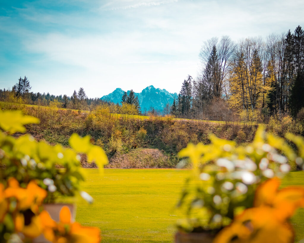 Sonnenterrassen Ausblick des Clubrestaurant des Kaiserwinkl Golf Kössen - Lärchnehofs. Das Wile Kaiser Gebirge im Hintergrund des Übungsgeländes.